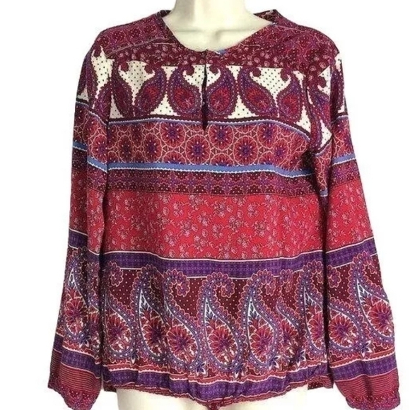 Crosby Boho Paisley Tie Gathered Waist Long Sleeve Blouse Women's M Fall - Picture 2 of 12
